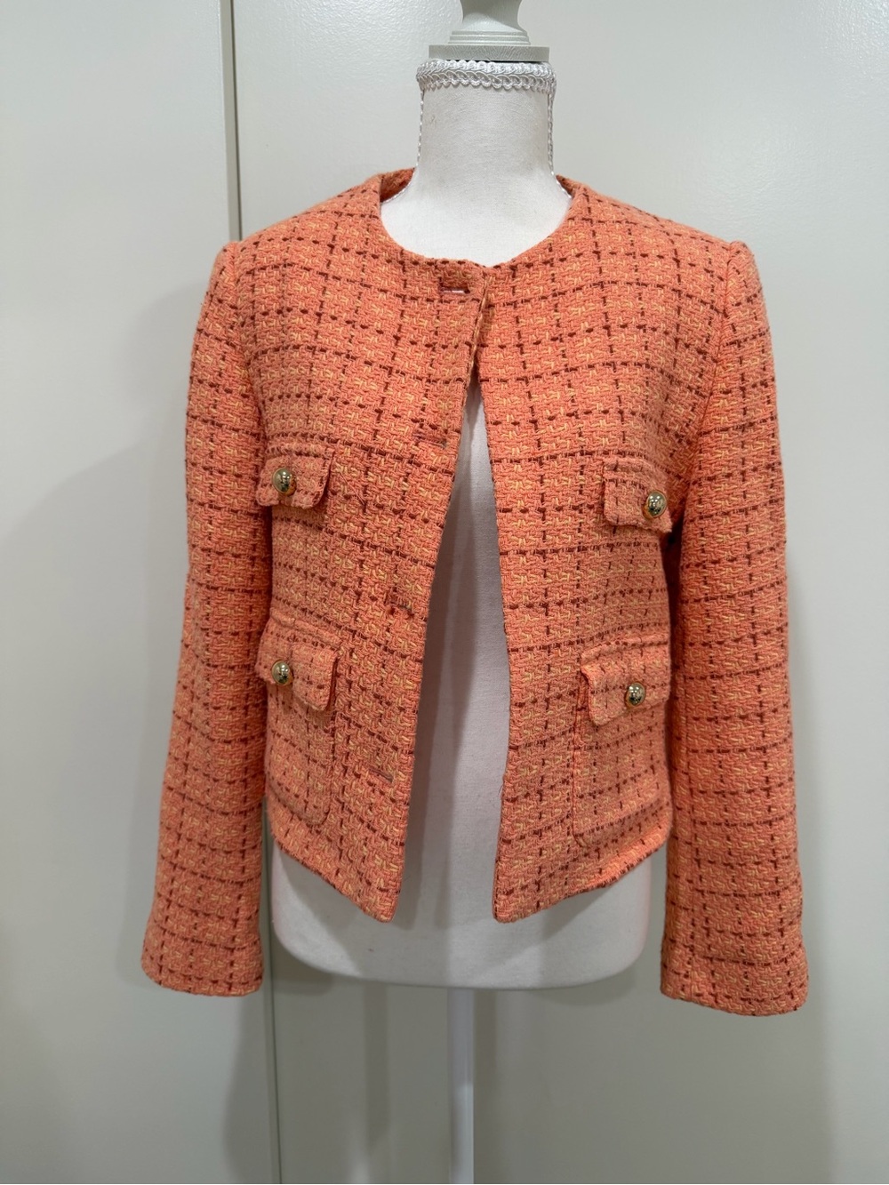 Mango Coral Tweed Collarless Pocket Blazer